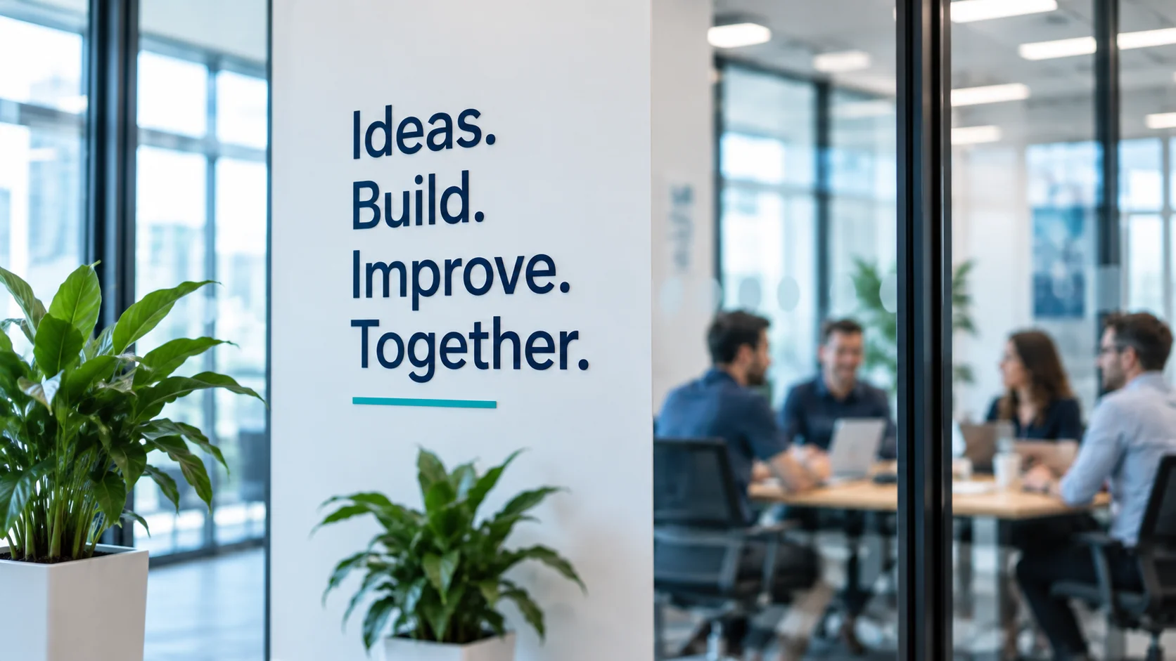 Illustrative office with the words Ideas. Build. Improve. Together. — AI-generated.