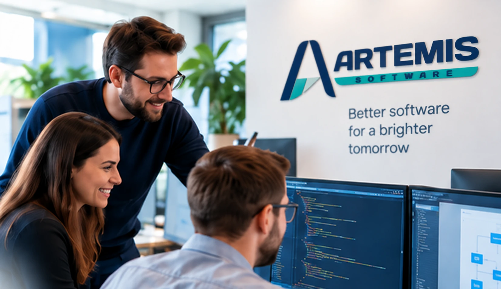 Illustrative software engineering team collaborating in a bright office; AI-generated.