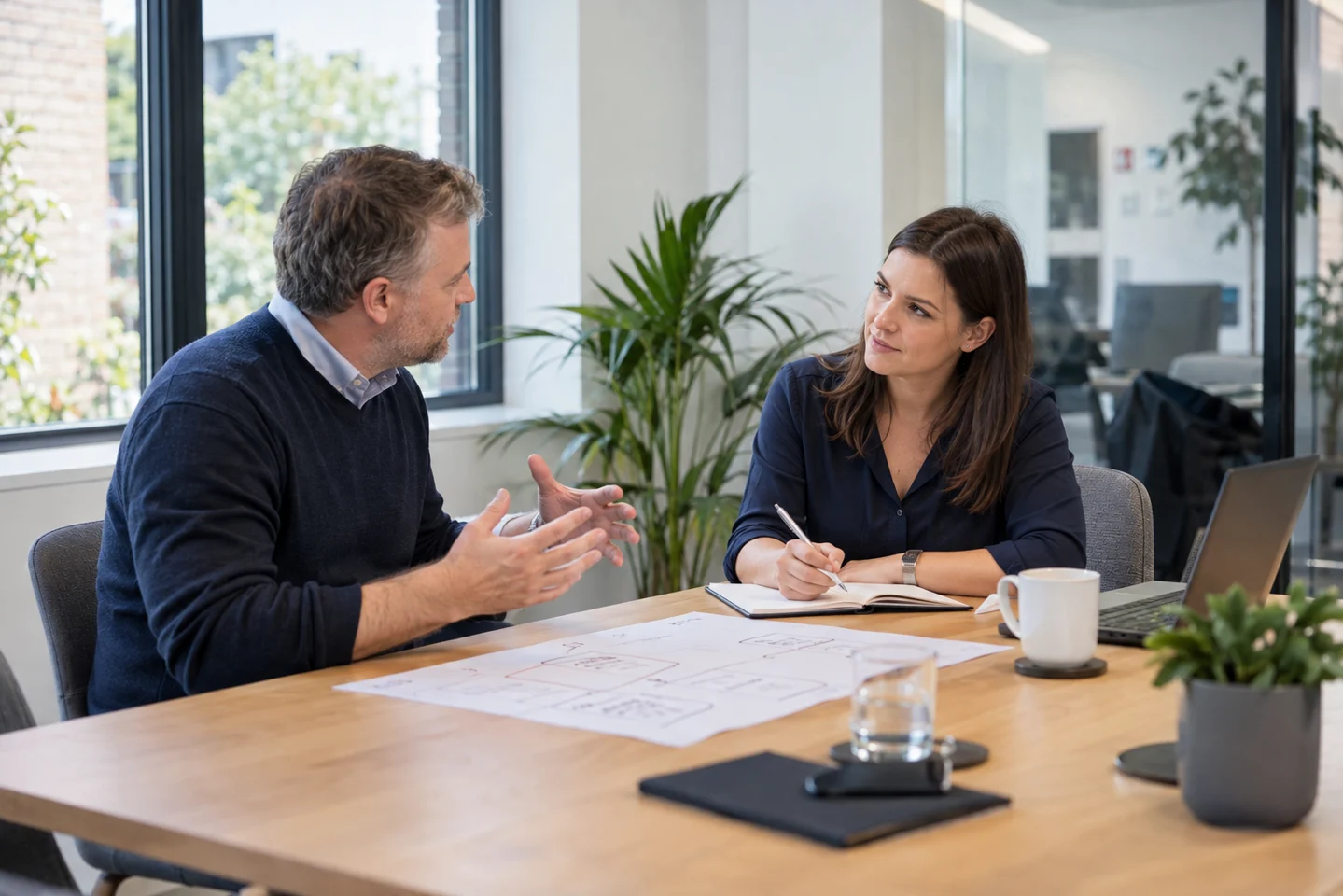 An engineering lead listening to a business owner during project discovery — AI-generated illustration