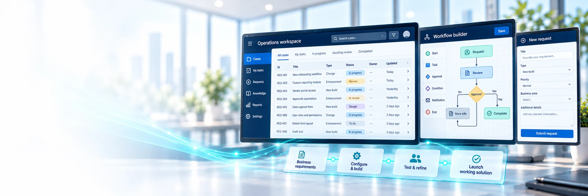 Tailored operations workspace, configurable request form and approval workflow builder — AI-generated illustration