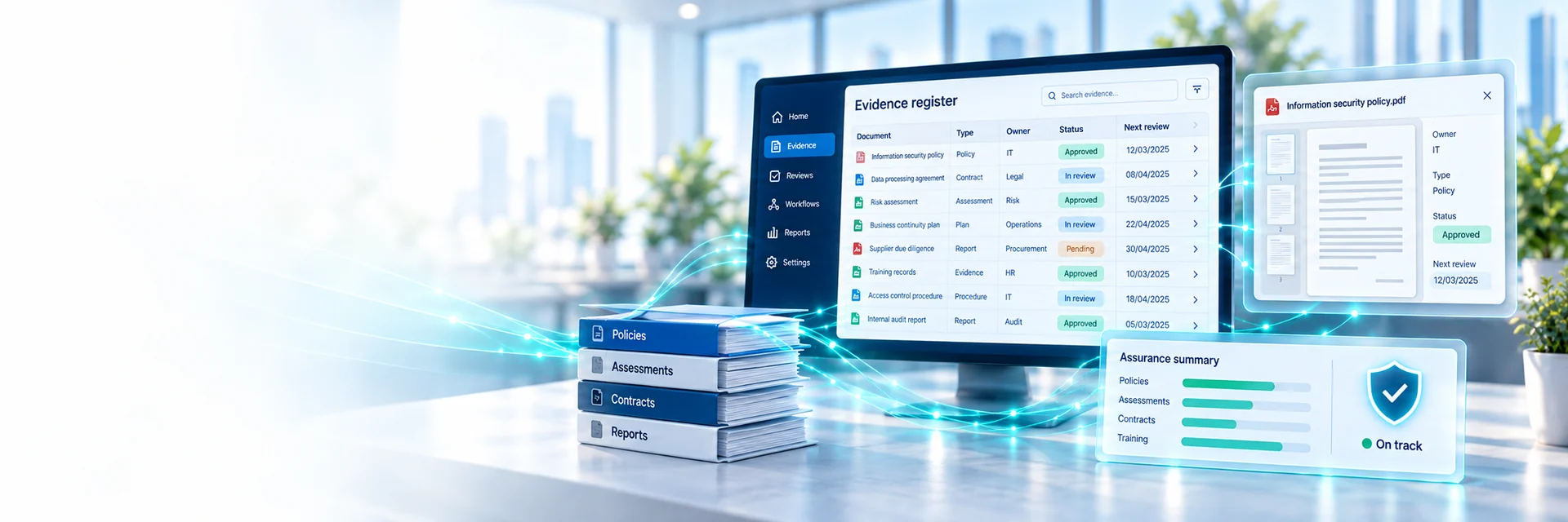 Evidence register connected to review documents and an assurance summary — AI-generated illustration