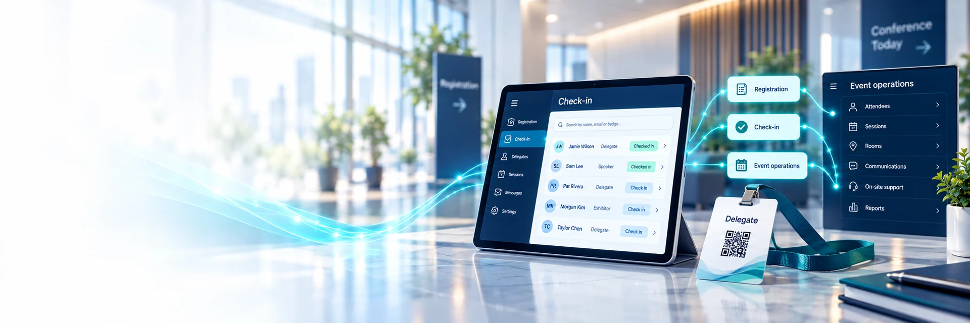 Conference delegate check-in tablet, QR badge and event operations workspace — AI-generated illustration