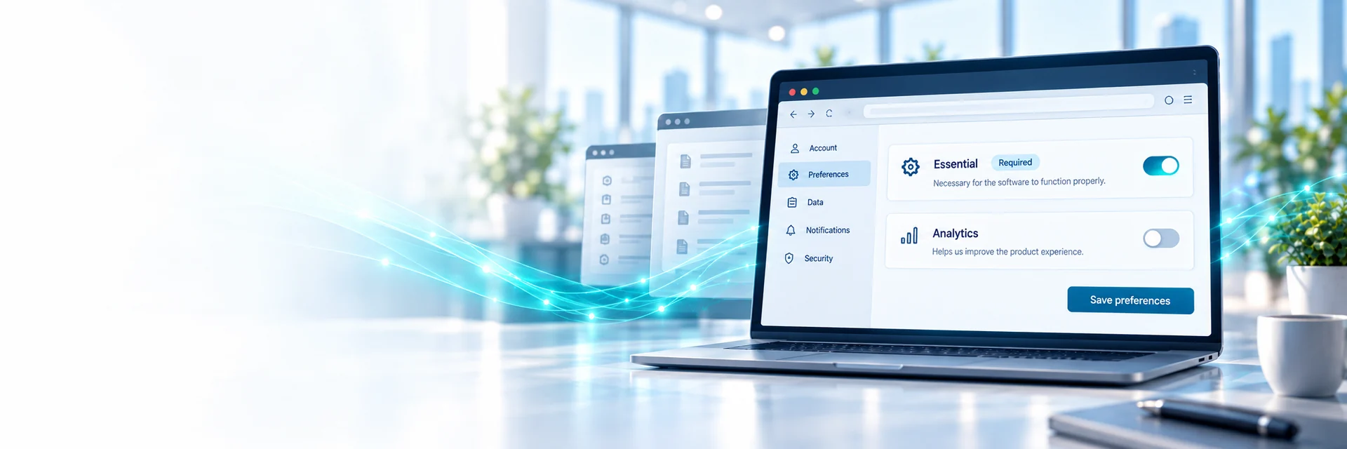 Browser cookie preferences with essential storage required and optional analytics switched off — AI-generated illustration