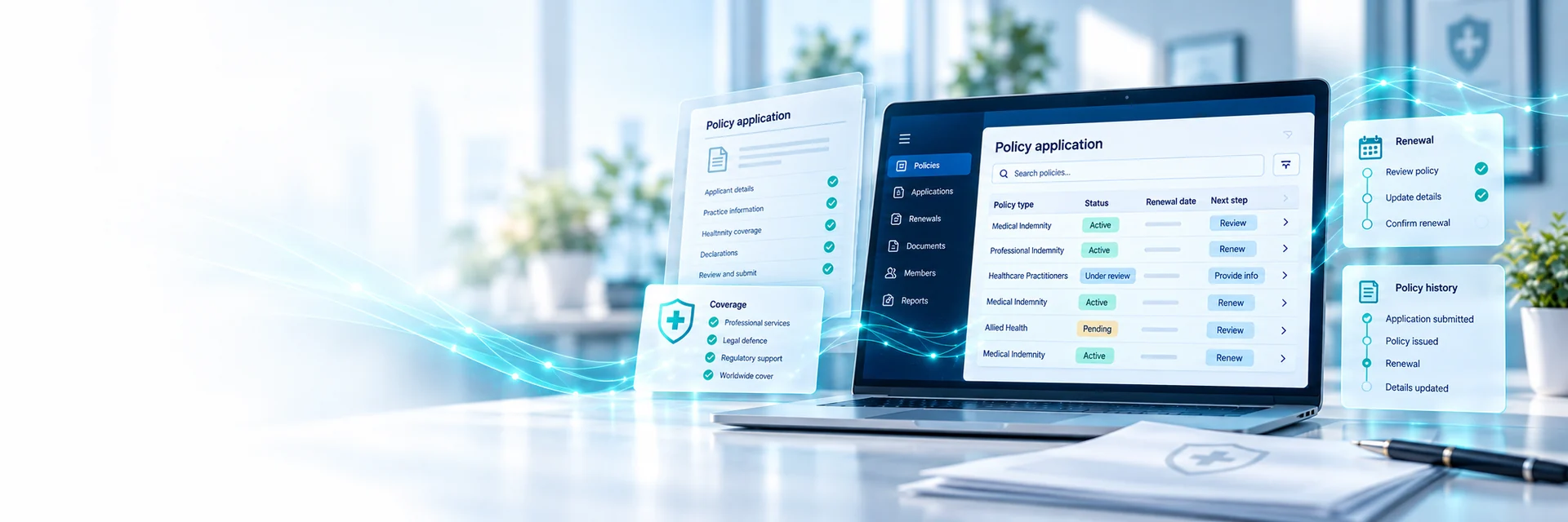 Medical indemnity policy application, renewals and policy history — AI-generated illustration