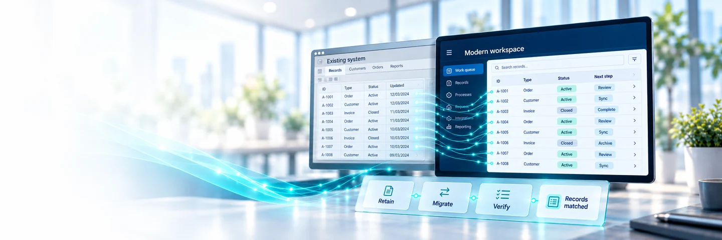 Existing and modern application interfaces connected through staged migration and record reconciliation — AI-generated illustration