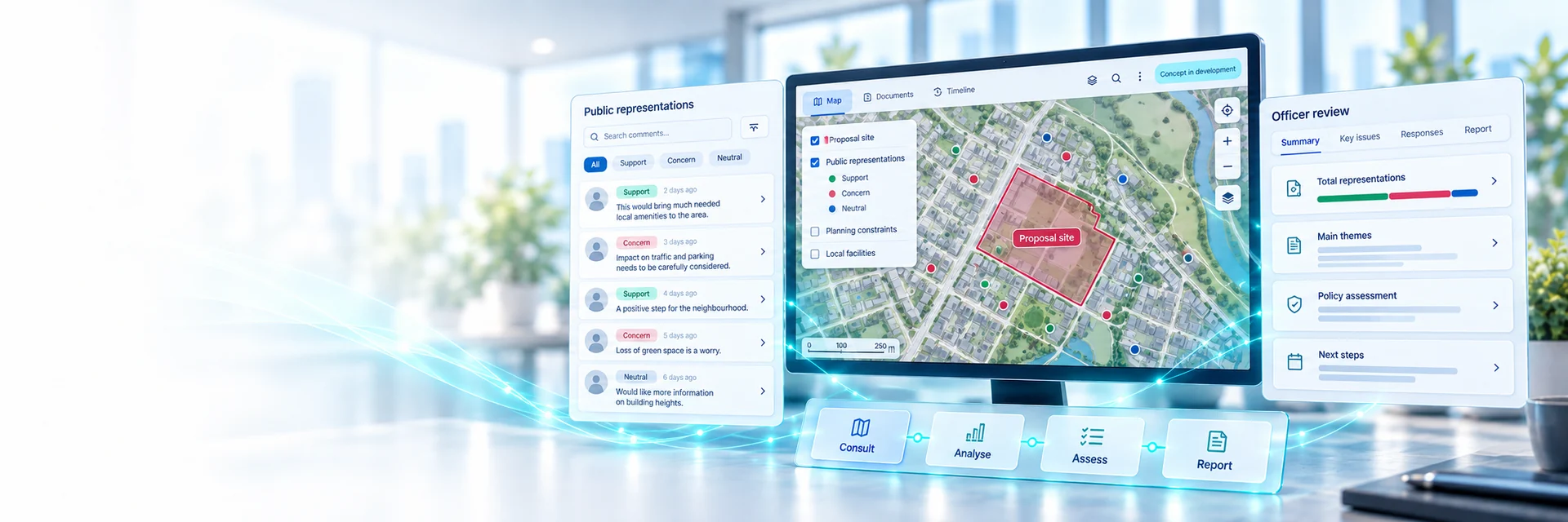 Planning consultation concept with a proposal map, public representations and officer review — AI-generated illustration