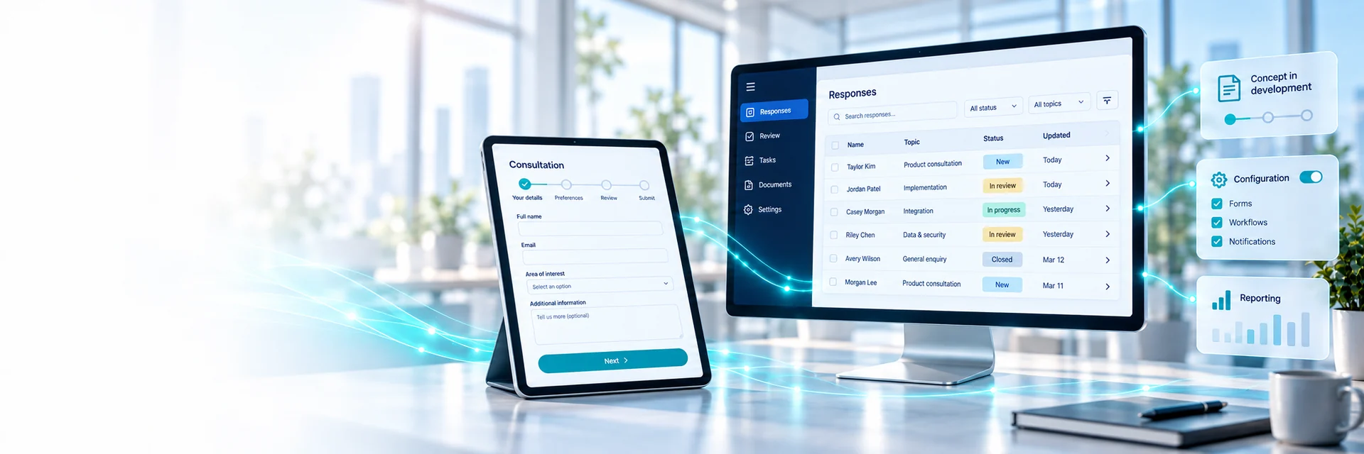 Consultation software concept with a response form, review workspace and configuration options — AI-generated illustration
