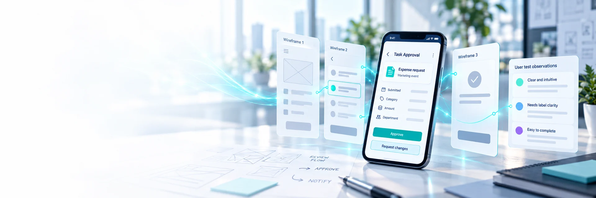 Task approval phone prototype connected to wireframes and user-test observations — AI-generated illustration