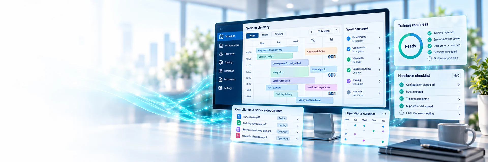 Service delivery schedule with work packages, training readiness and a handover checklist — AI-generated illustration