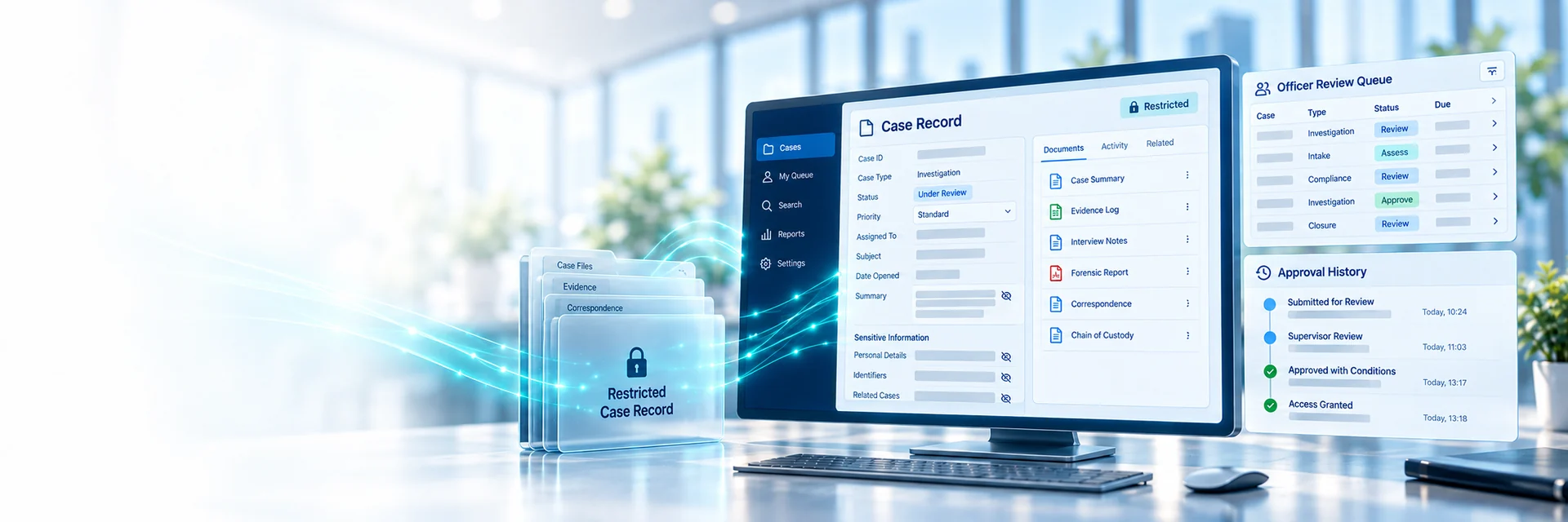 Restricted case record with masked information, officer review queue and approval history — AI-generated illustration
