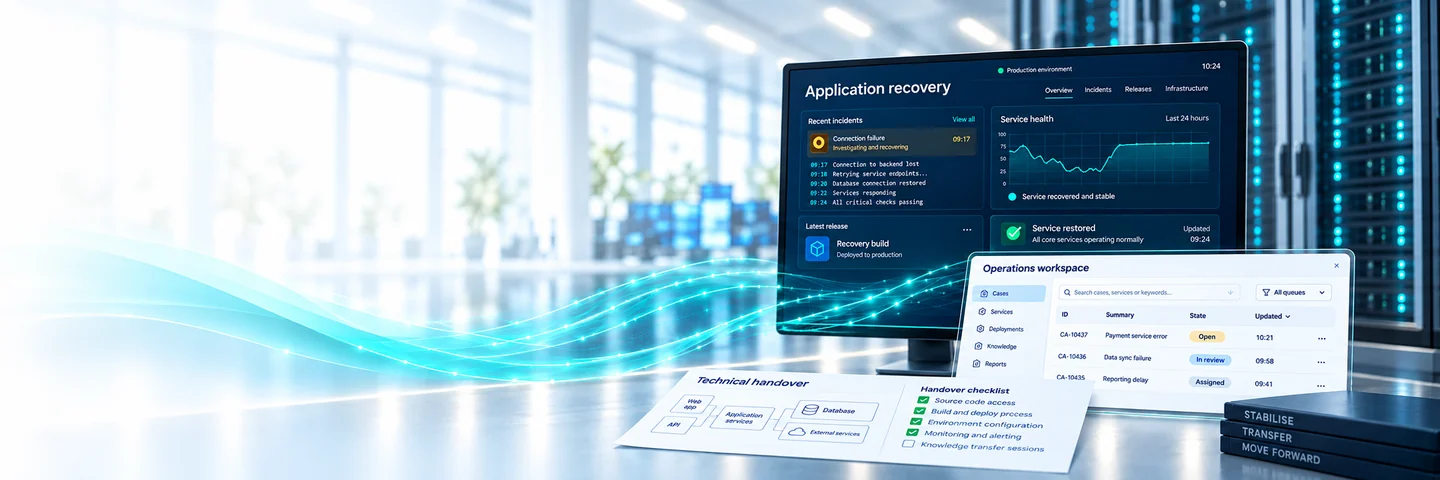 Application recovery dashboard, restored operations workspace and technical handover documentation — AI-generated illustration