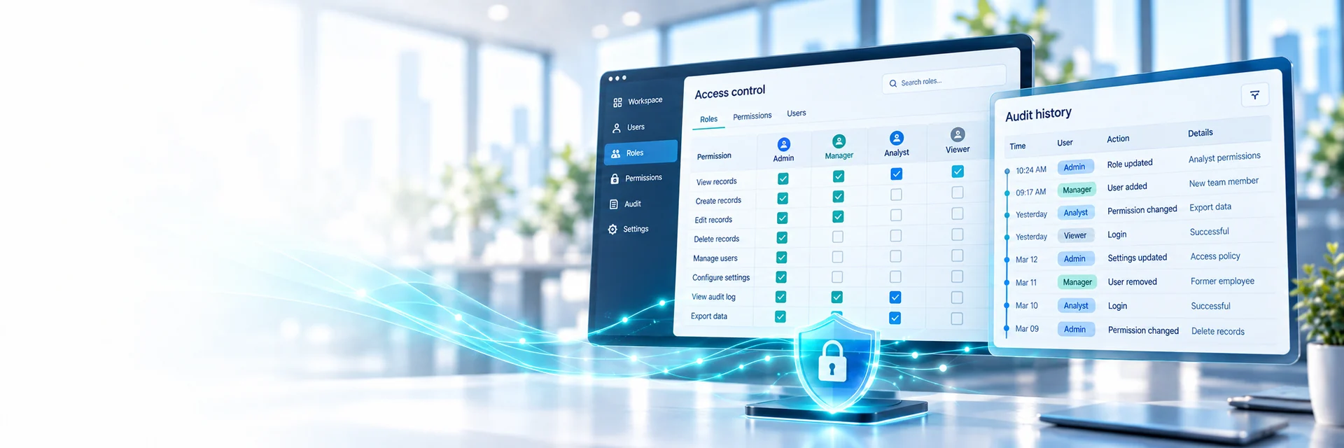 Role-based access permissions matrix beside an application audit-history panel — AI-generated illustration