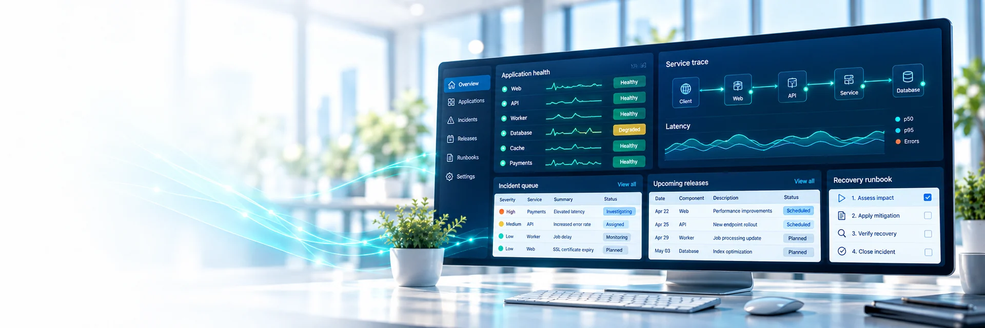 Application health, service traces, incident queue, planned releases and recovery runbook — AI-generated illustration