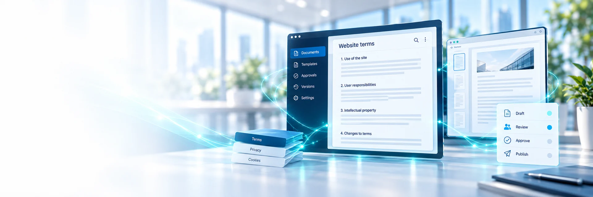 Website terms document, review stages and related policy documents — AI-generated illustration