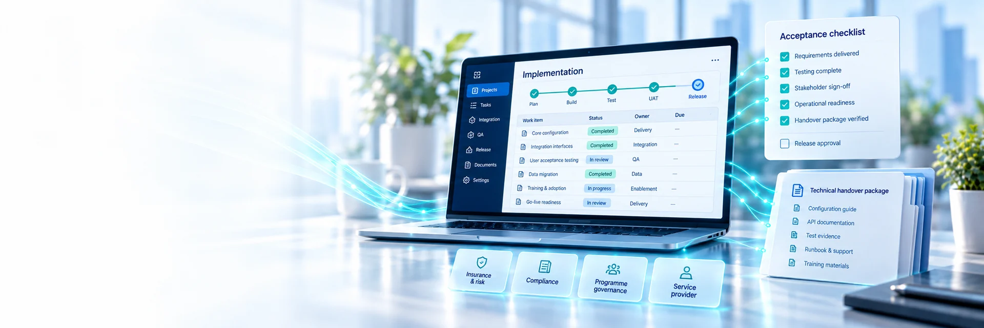 Software implementation release review, acceptance checklist and technical handover package — AI-generated illustration